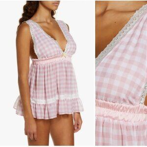 Kilo Brava Gingham Print Chiffon & Lace Babydoll Chemise Size Large L NWT